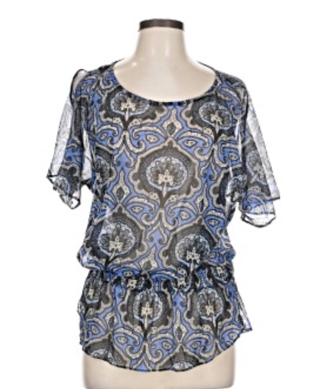 INC Semi Sheer Blue Mesh Peacock Paisley Peplum Open Shoulder Blouse Medium